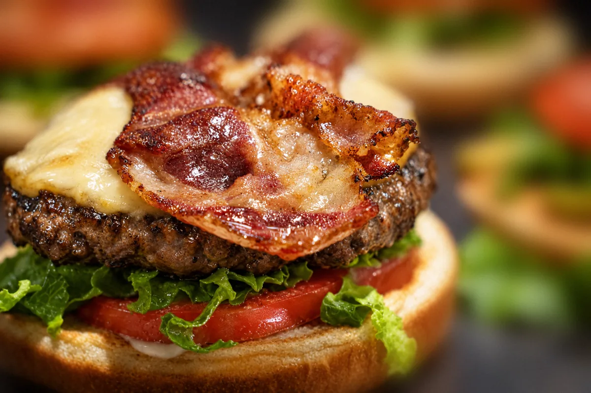 Close-up of a bacon cheeseburger fresh off the grill